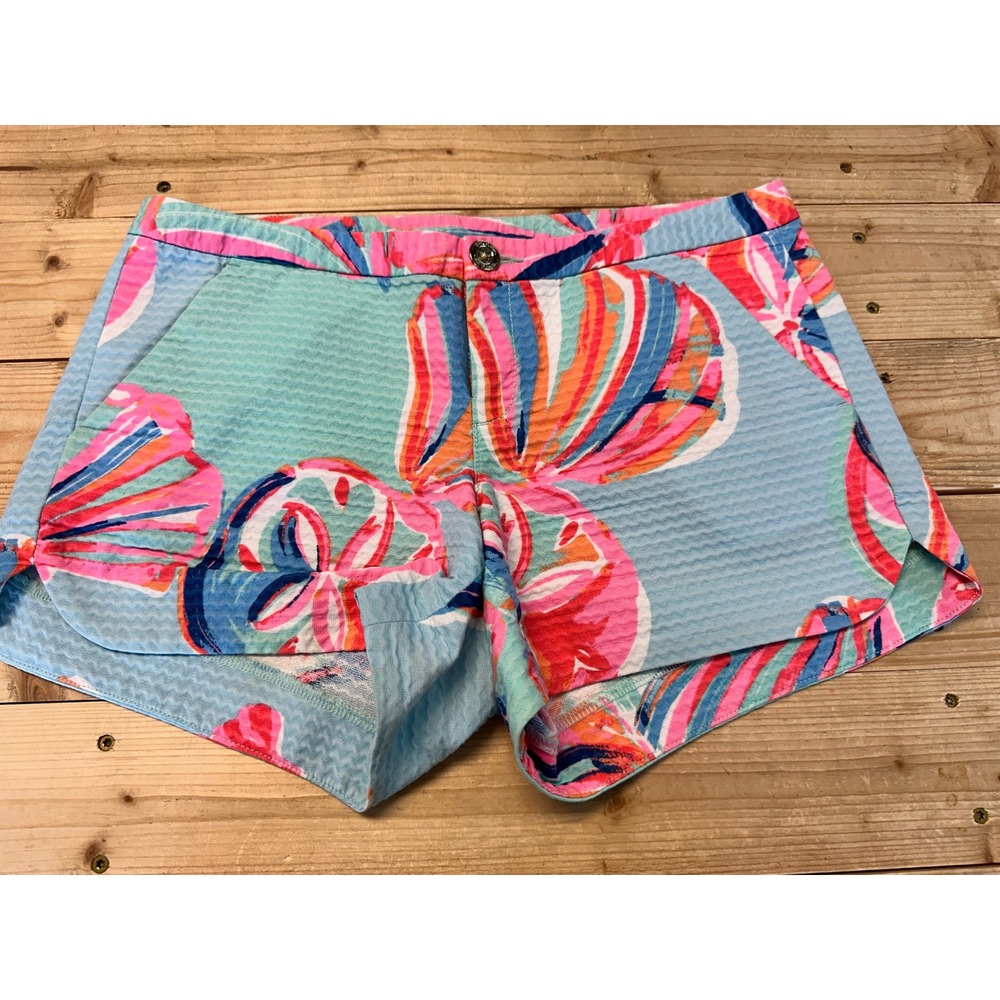 Lilly Pulitzer Seersucker Shorts Shell Print Pockets Colorful Size 00